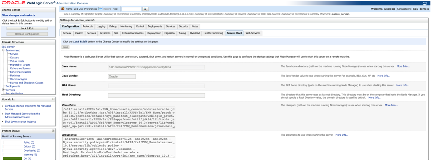 Figure 6:  Make JVM changes using WebLogic Service Console