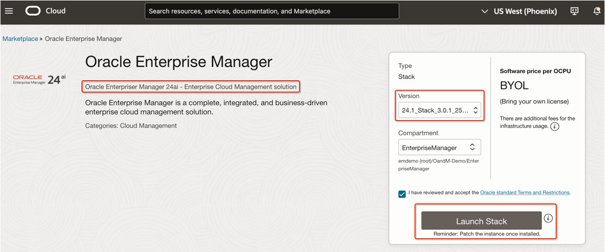 Figure 2: Launching the Oracle Enterprise Manager 13.5 RU5 image stack