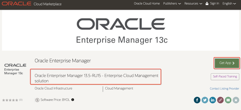 Figure 1: The Oracle Enterprise Manager App listing in the Oracle Cloud Marketplace