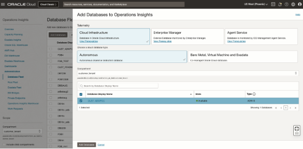 Figure 1. Oracle Operations Insights’ Administration workflow for enabling Autonomous Database.