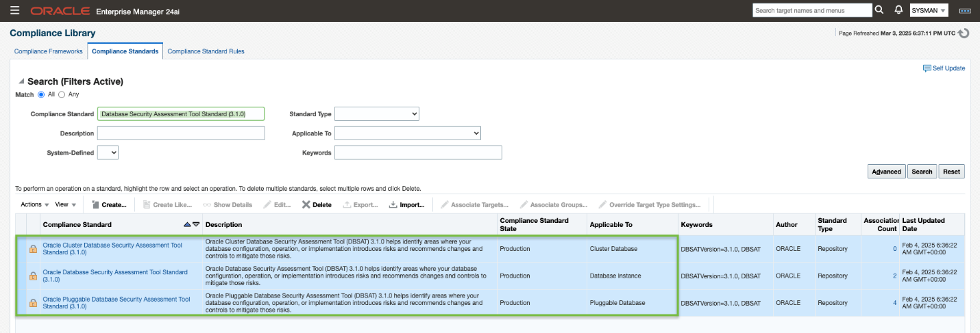 Figure 4: DBSAT 3.1 standard availability in Enterprise Manager Library