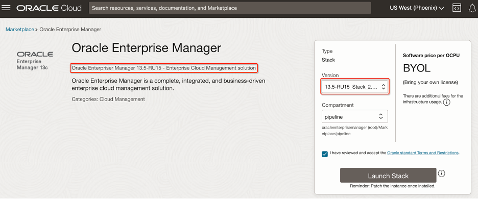 Figure 2: Launching the Oracle Enterprise Manager 13.5RU15 image stack