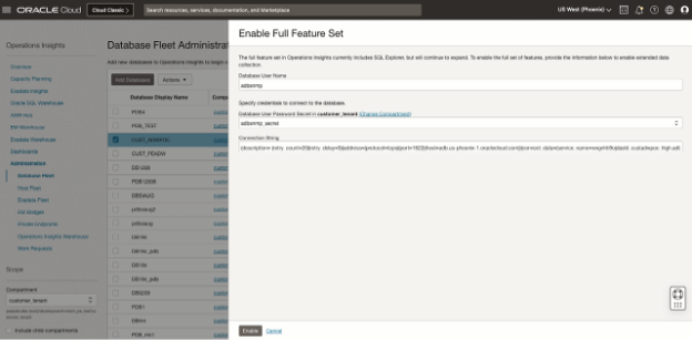 Figure 6. Oracle Operations Insights’ Administration workflow for enabling Full Feature set for non-private endpoint configured Autonomous Database.