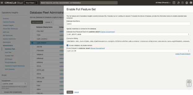 Figure 7. Oracle Operations Insights’ Administration workflow for enabling Full Feature set for private endpoint configured Autonomous Database.