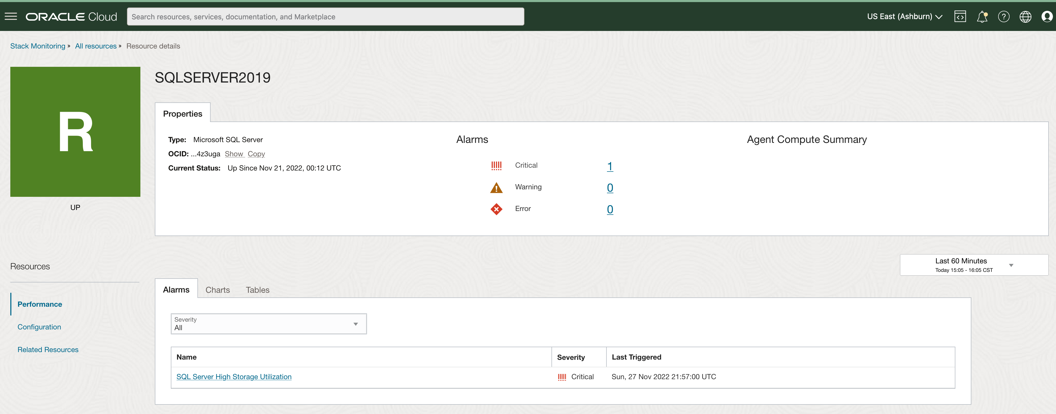 Figure 2:  Review the status and open alarms of SQL Server