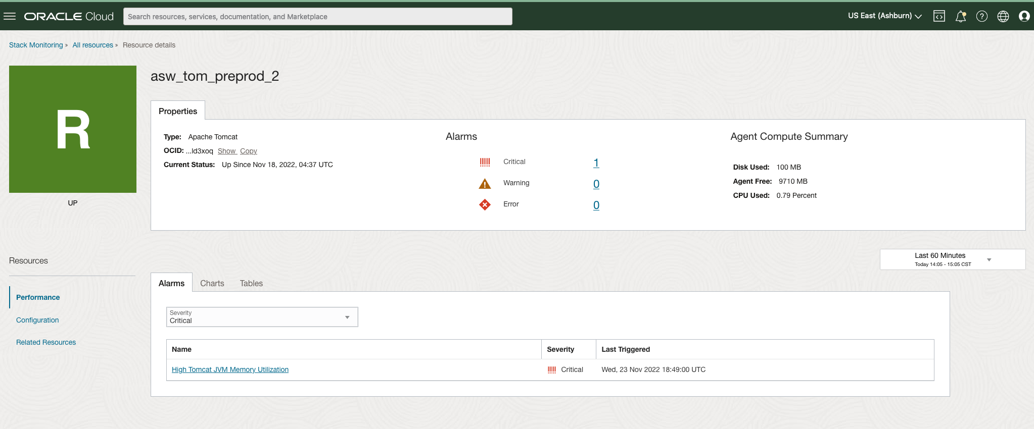 Figure 3: Tomcat status and open alarms