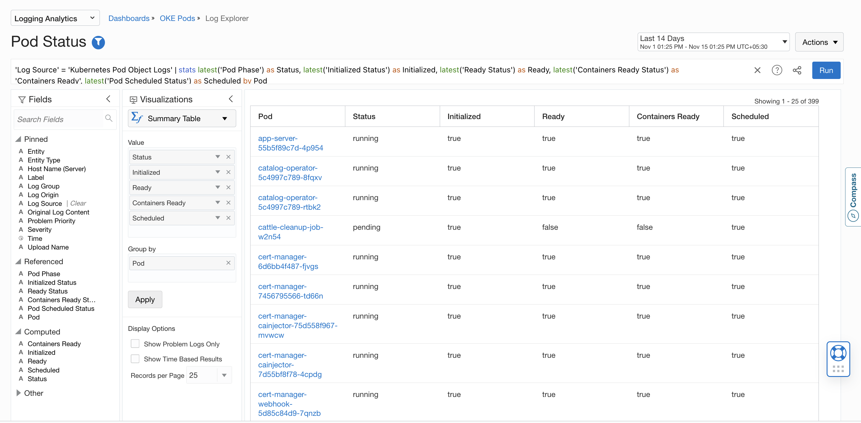 Pod Status in Logging Analytics