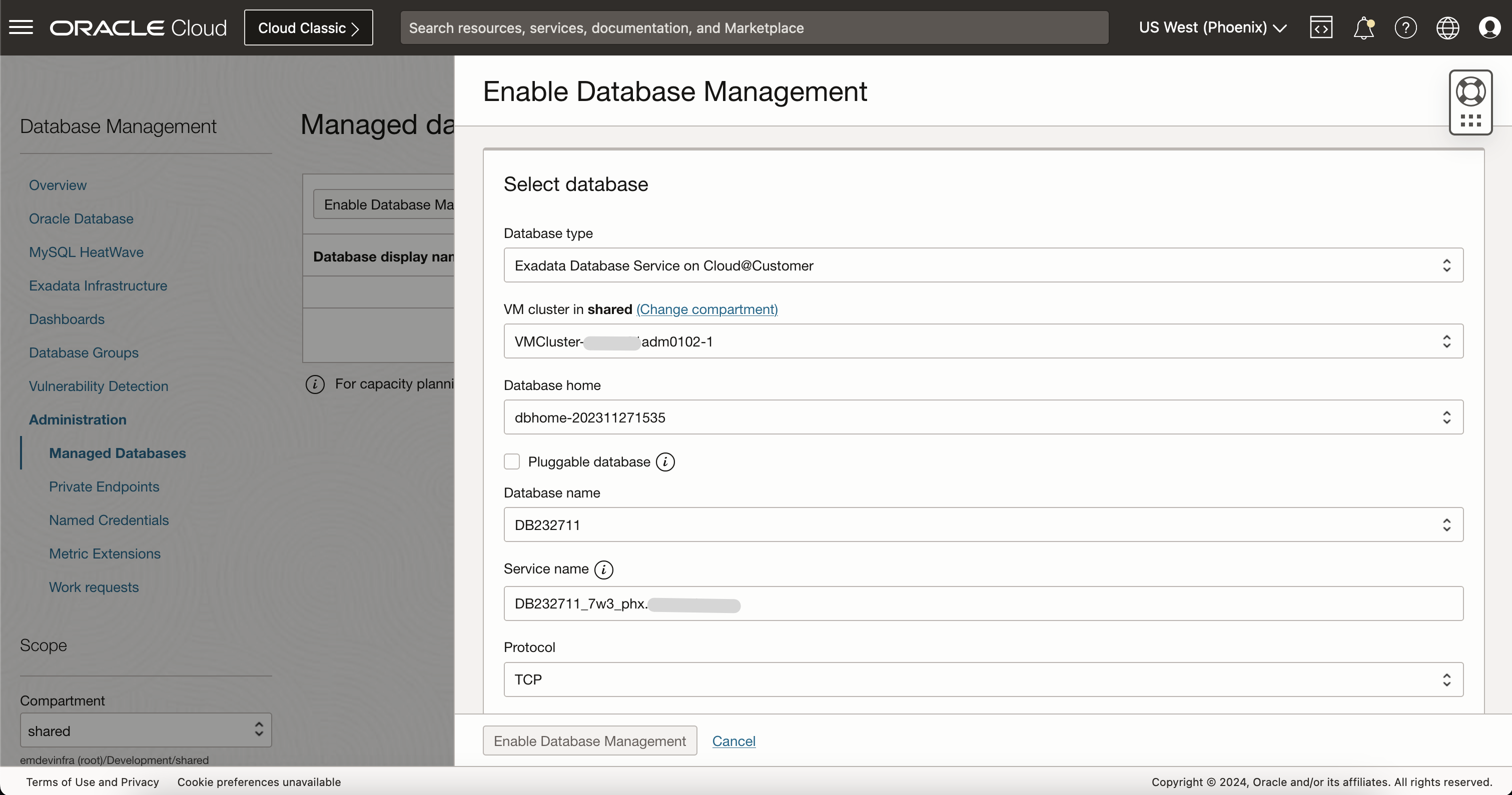 Enable Database Management for ExaC@C