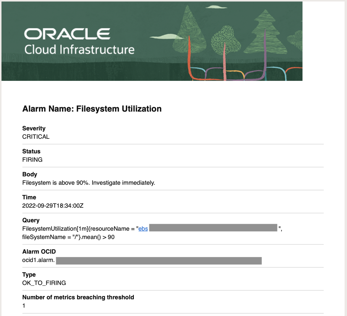 Figure 7: Critical filesystem alarm notification