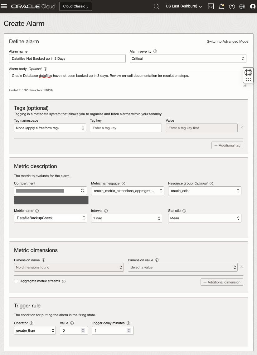 Figure 3: Alarm rule for data files not backed up in three days.