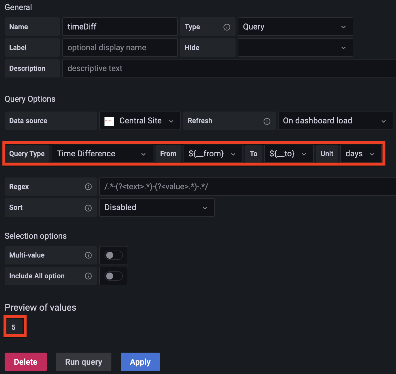 An image of the new Time Difference query template variable definition
