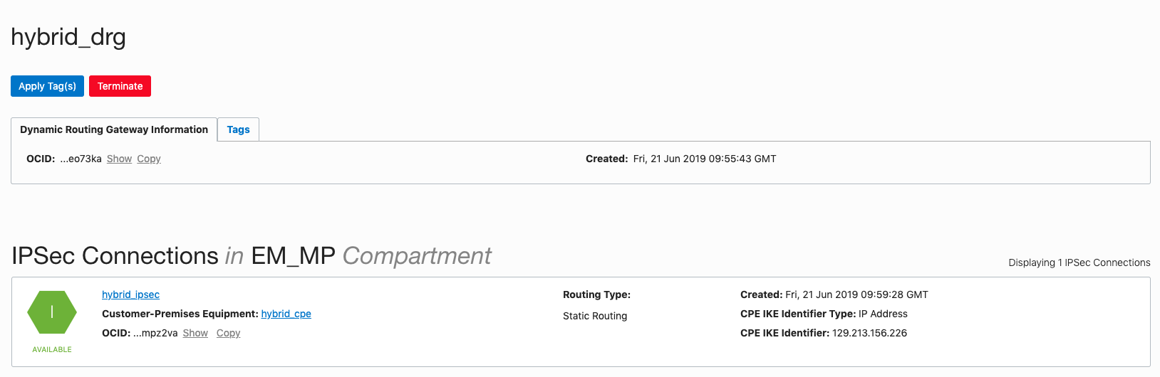 Figure 11.  Adding a Dynamic Routing Gateway called "hybrid_drg" to our VCN.