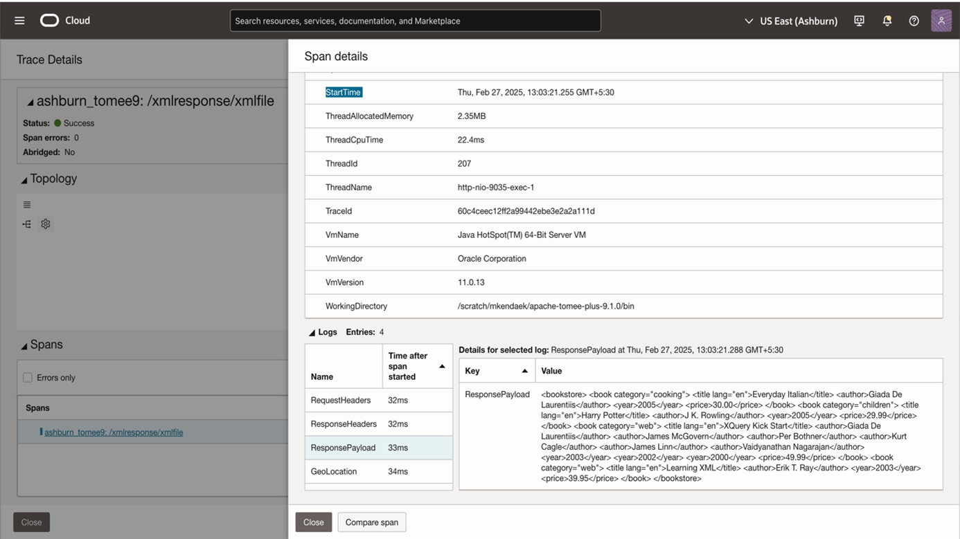 Figure 3: Entire Response payload content captured in the Span logs
