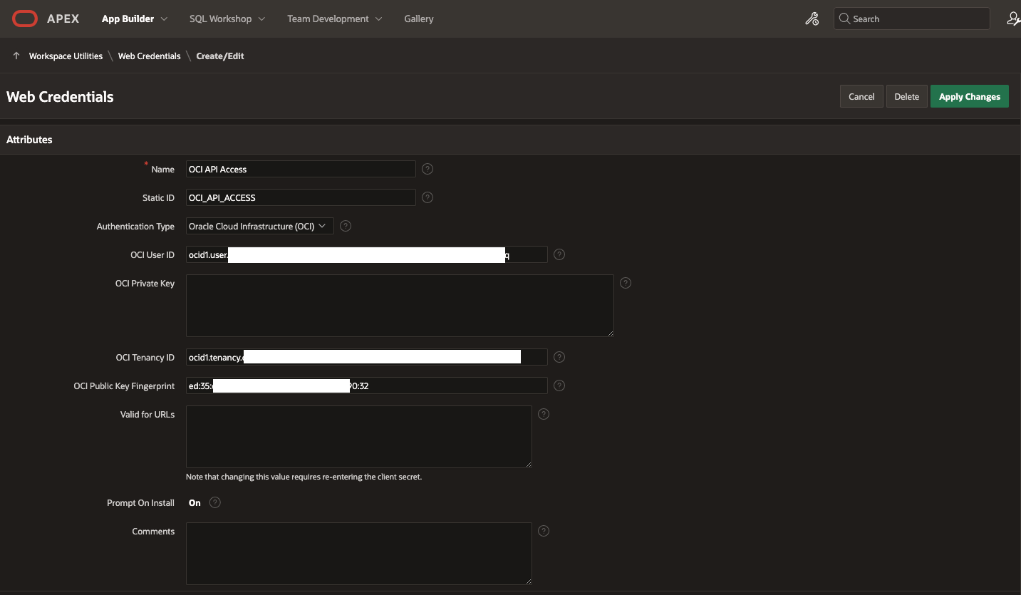 Figure 3: APEX Configuration – web credentials
