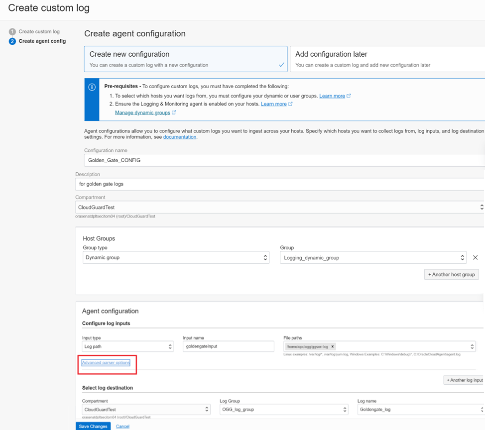 Figure 9: Creating a custom log, agent configuration 