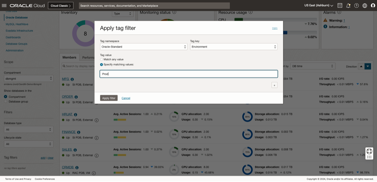 Figure 5:  Utilizing filters to view resources in Database Management fleet overview