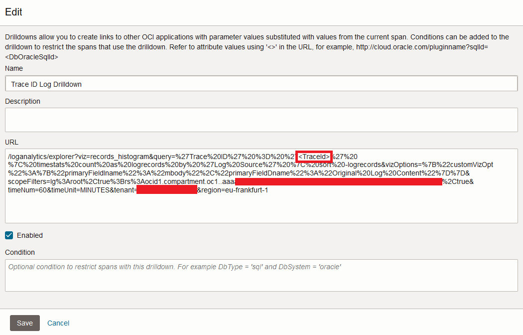 Figure 6: Create Drilldown for Trace ID query in OCI APM