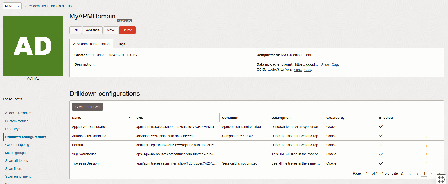 Figure 5: Drilldown configurations section under domain administration in OCI APM