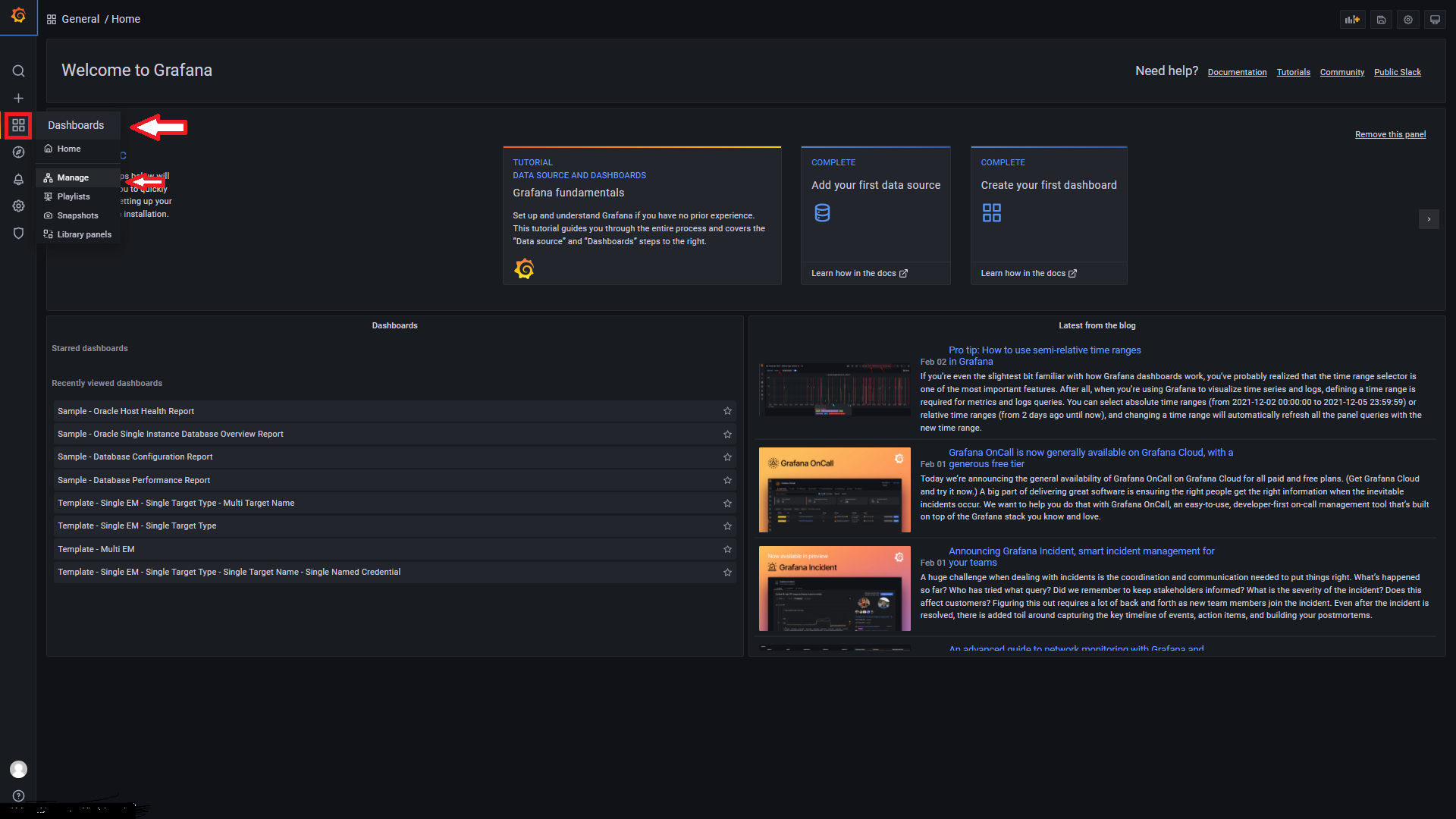 Figure 3:  List of all the dashboards for this Grafana server, both out of the box and any custom.