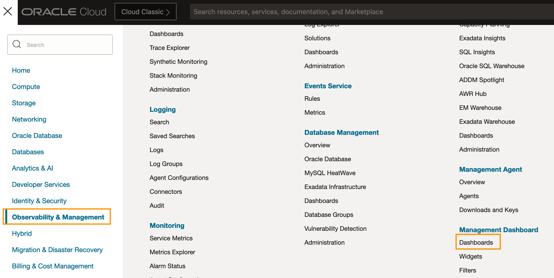 Dashboard menu