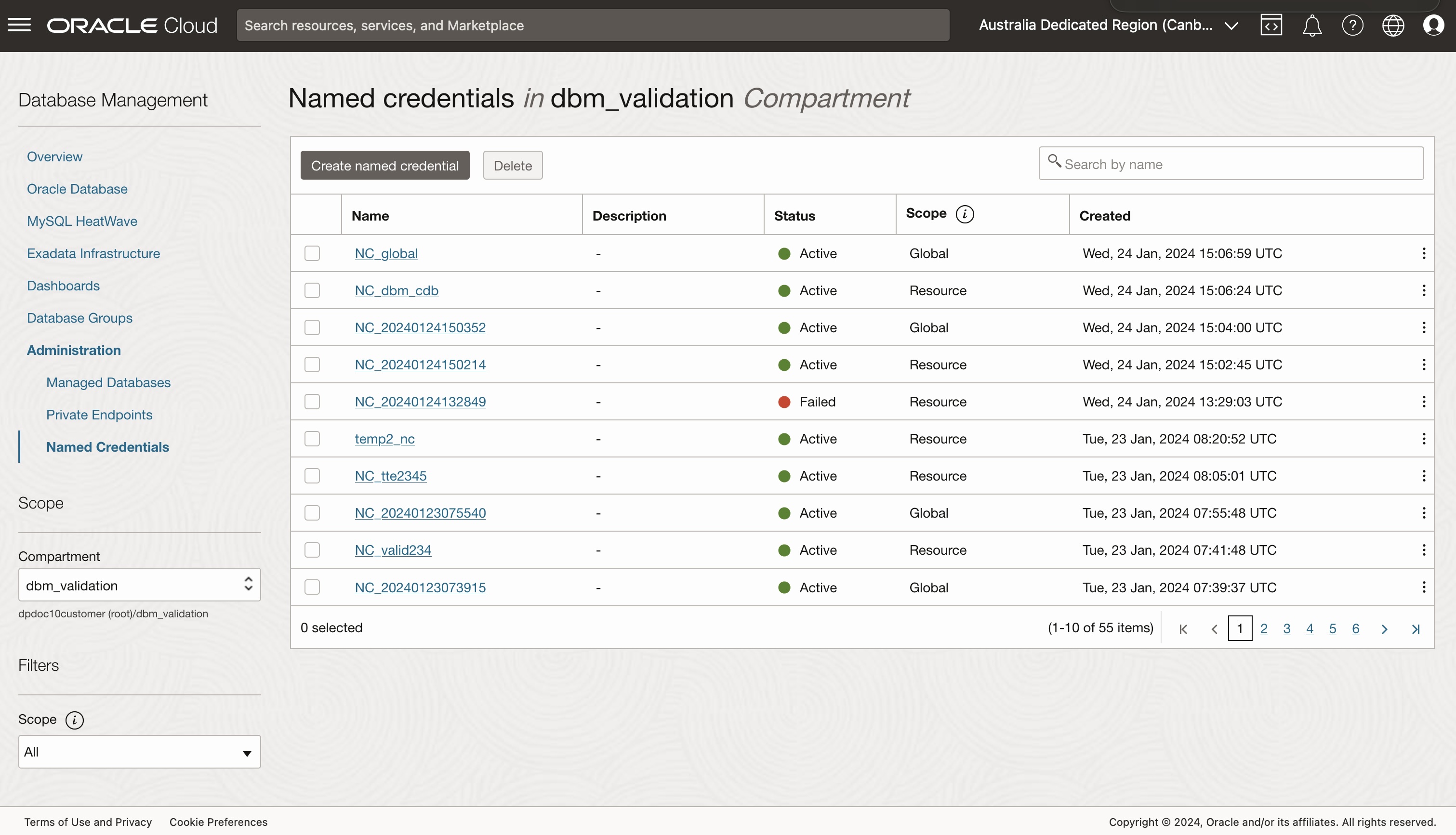 Figure 6:  View named credentials in Database Management administration page