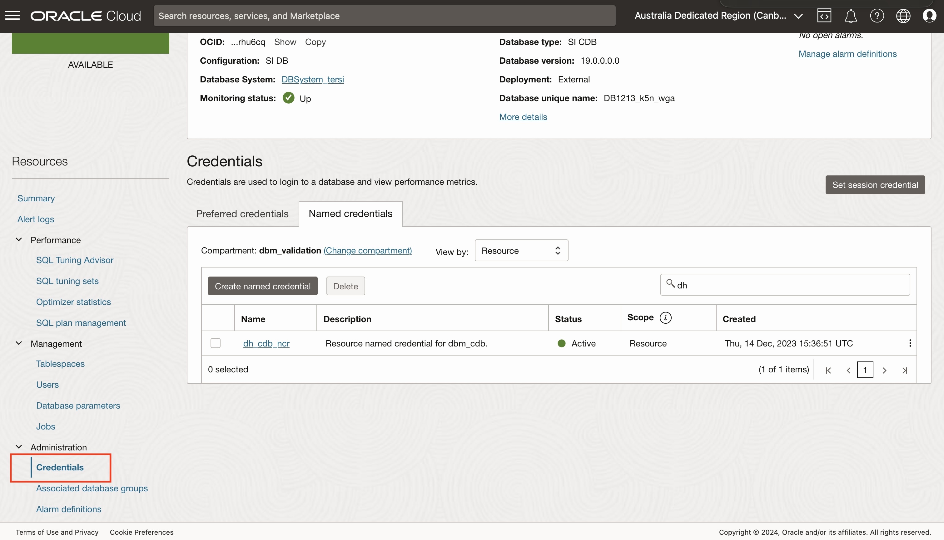 Figure 5:  View all associated credentials for a database resource in OCI