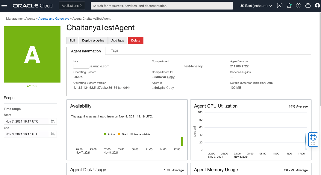 Figure 2:  Verification that agent is active and is able to talk to OCI