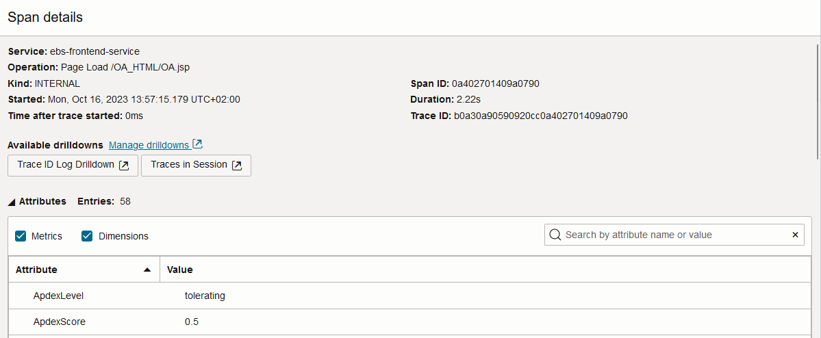 Figure 7:  Span with dynamic log drilldown for Trace ID in OCI APM