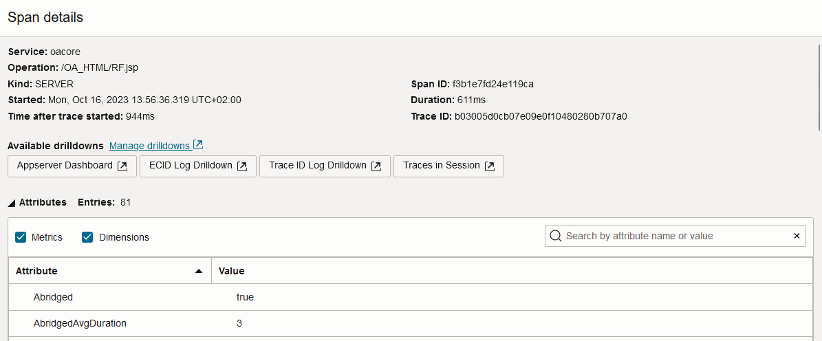 Figure 8:  Span with dynamic log drilldowns for Trace ID and ECID in OCI APM
