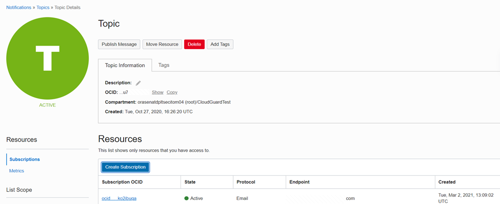 Figure 13: Defining a OCI Notifications Topic Subscriptions