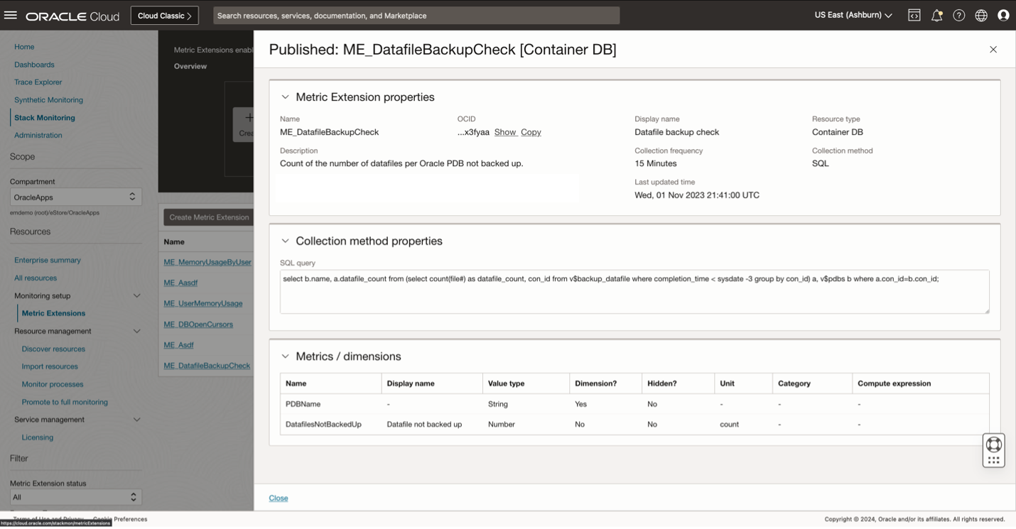 Figure 3:  Viewing a published metric details