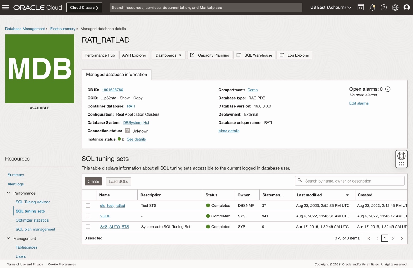 Figure 2:  SQL tuning set overview in Database Management service