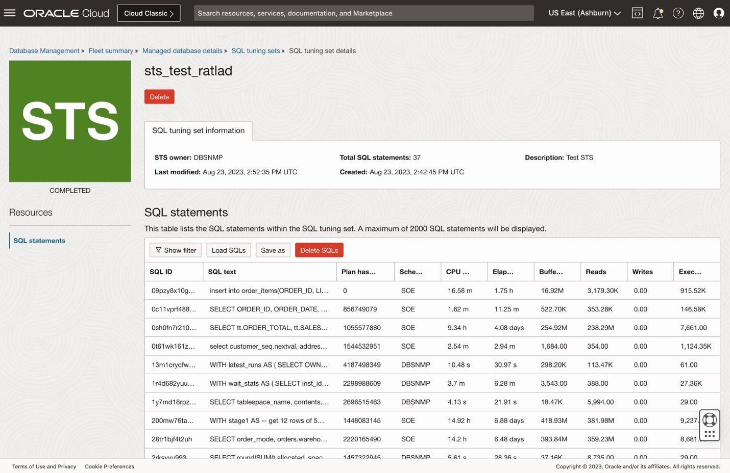 Figure 4:  SQL tuning set details including SQL statements’ statistics