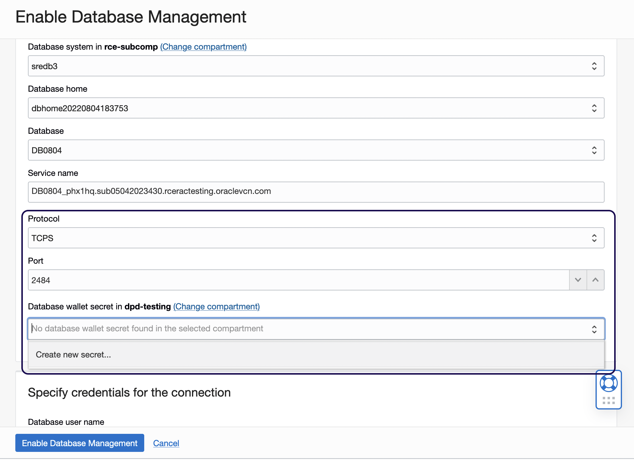 Figure 1:  Protocol section in the Enable Database Management dialog box