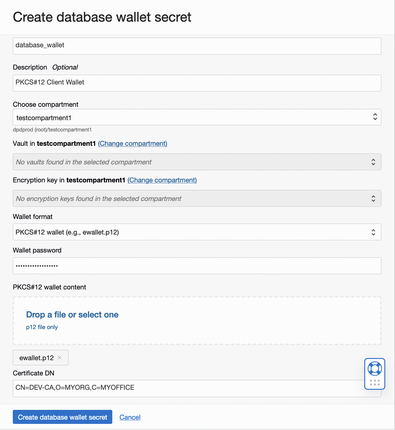 Screenshot for database wallet creation