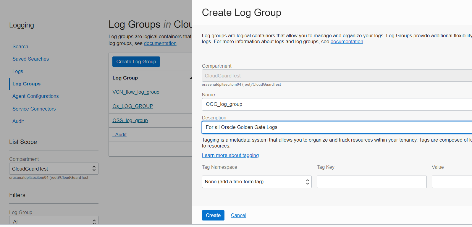 Figure 6: Creating the Log Group