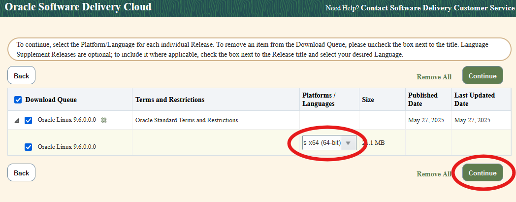 Oracle Software Delivery Cloud website. Select platform and continue.