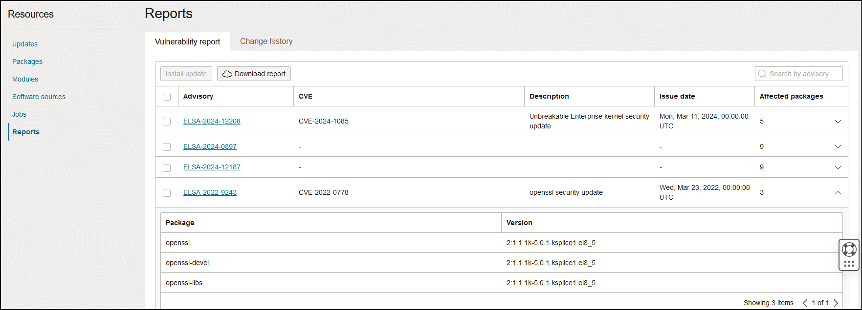 OS Management Hub Oracle Linux vulnerability report