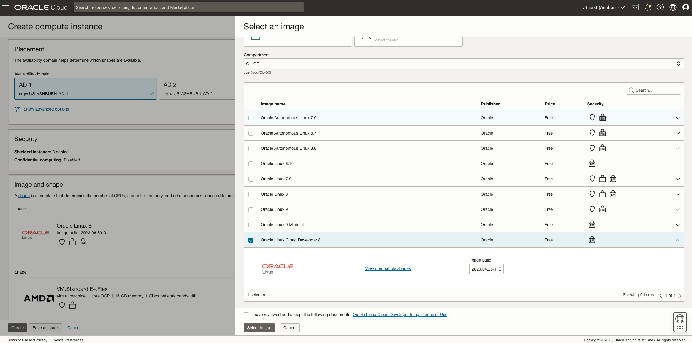 A screenshot of the Select an image window, showing the Oracle Linux Cloud Developer images in the Oracle Cloud Console.