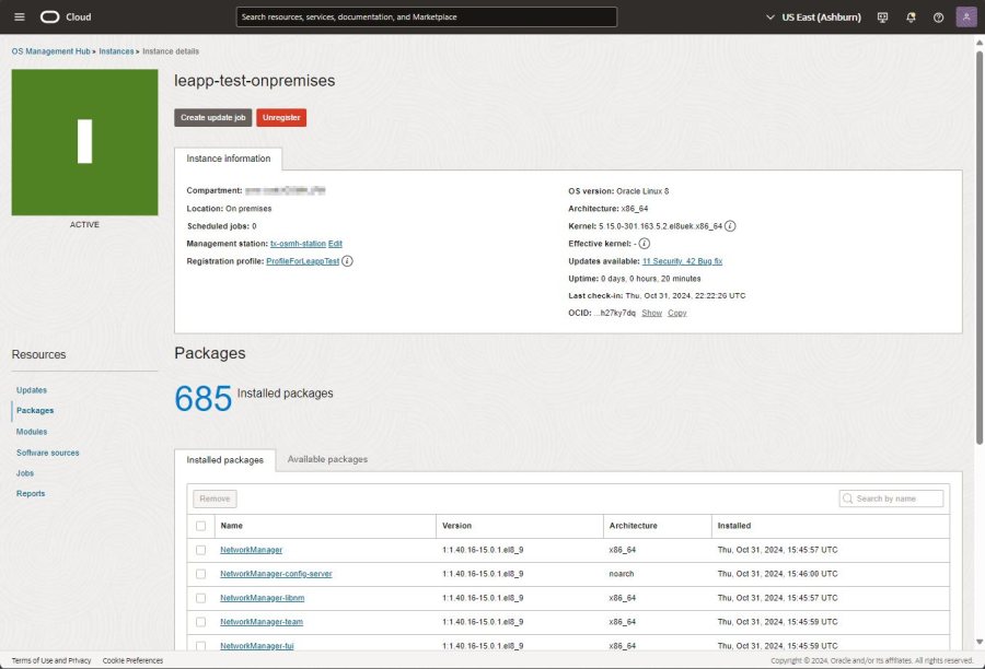 OS Management Hub managed Oracle Linux 7 instance upgraded to Oracle Linux 8 using Leapp