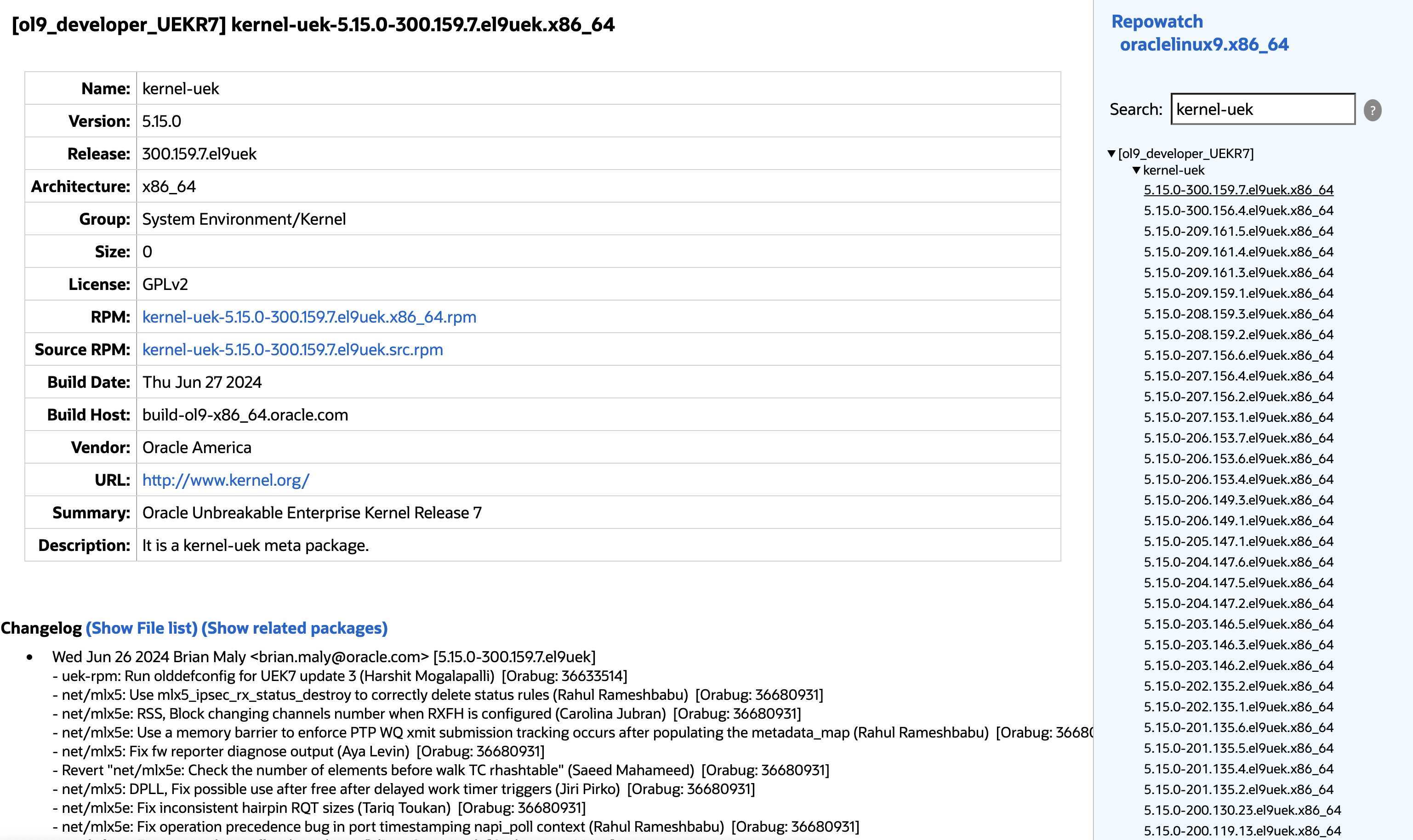 Searching for the kernel-uek RPM package details and changelog in RepoWatch