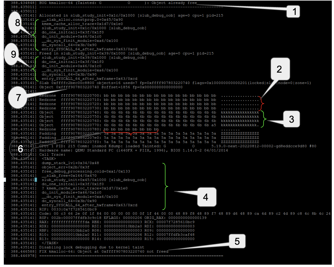 Fig 3: Double free error reported by slub debugger