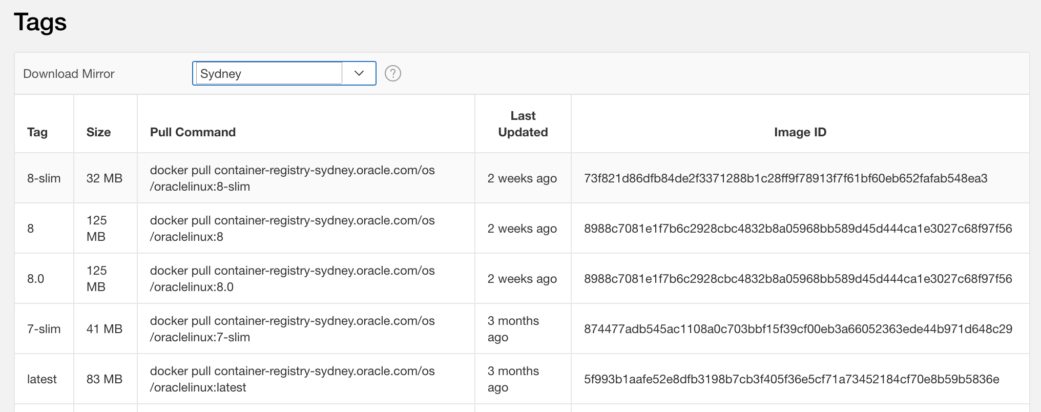 A table listing the available tags for the oraclelinux repository as well as the docker pull command required for each tag.