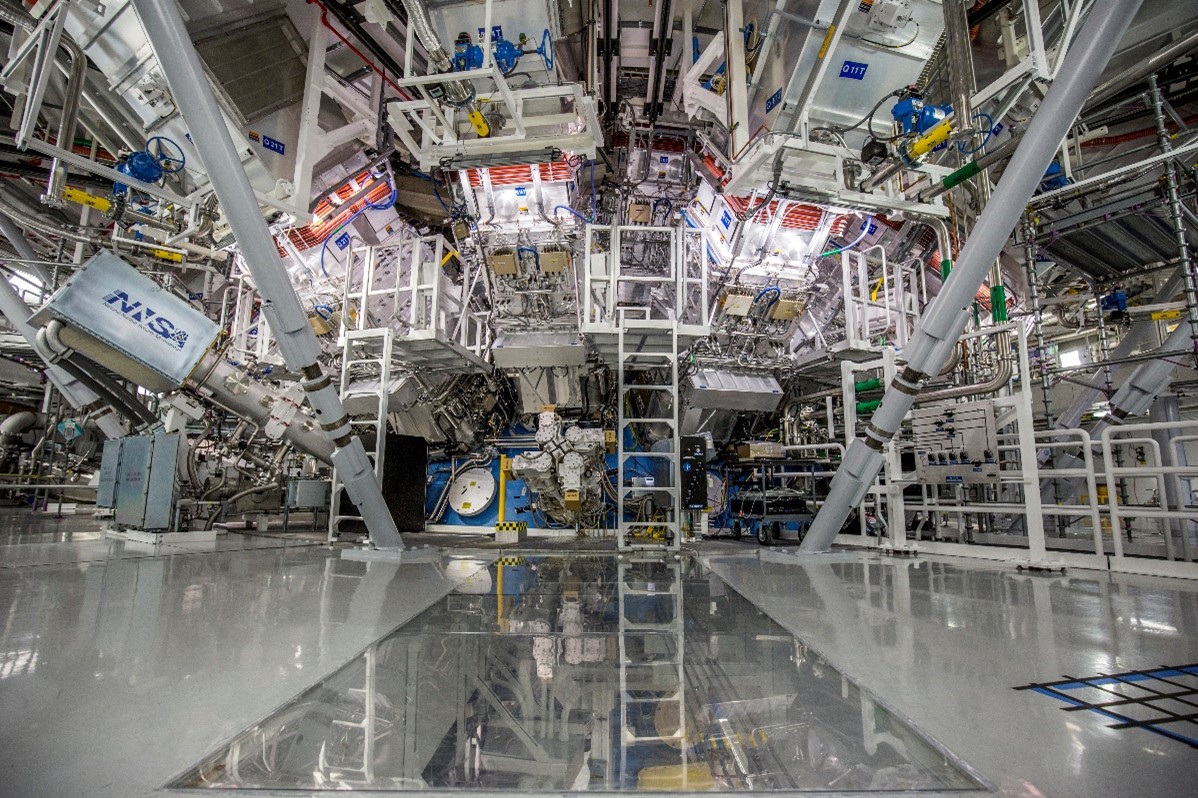 The target chamber of LLNL’s National Ignition Facility, where 192 laser beams delivered more than 2 million joules of ultraviolet energy to a tiny fuel pellet to create fusion ignition on Dec. 5, 2022. Courtesy of Lawrence Livermore National Laboratory