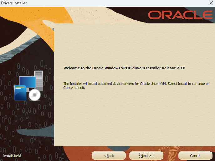 Oracle VirtIO Installer screenshot for the 2.3 version of the driver