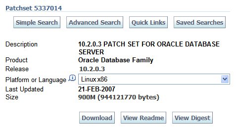 10gR2 10.2.0.3 patch screenshot: Screenshot of download location on Oracle Metalink for 10gR2 Database 10.2.0.3 patch 5337014