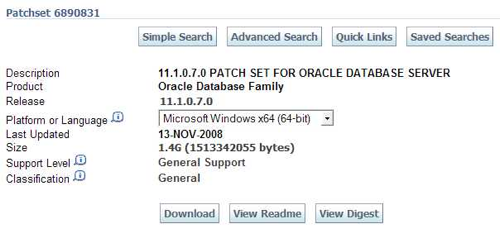 Screenshot of download page for 11-1-0-7 database patchset for Windows x64 platforms