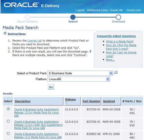 12.0.4 eDelivery screenshot: Screenshot of Oracle Electronic Delivery download page for Apps 12.0.4 Rapid Install