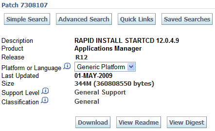 Screenshot of download page for patch 7308107 startcd Rapid Install 12-0-4-9 update