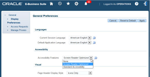 Accessibility Mode list of values in Preferences page